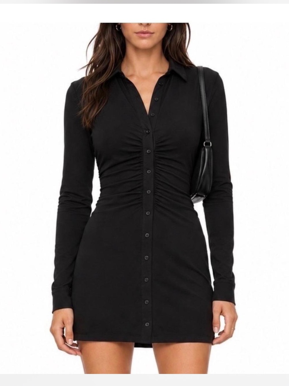 Babyboo Black Long-Sleeve Ruched Button Dress